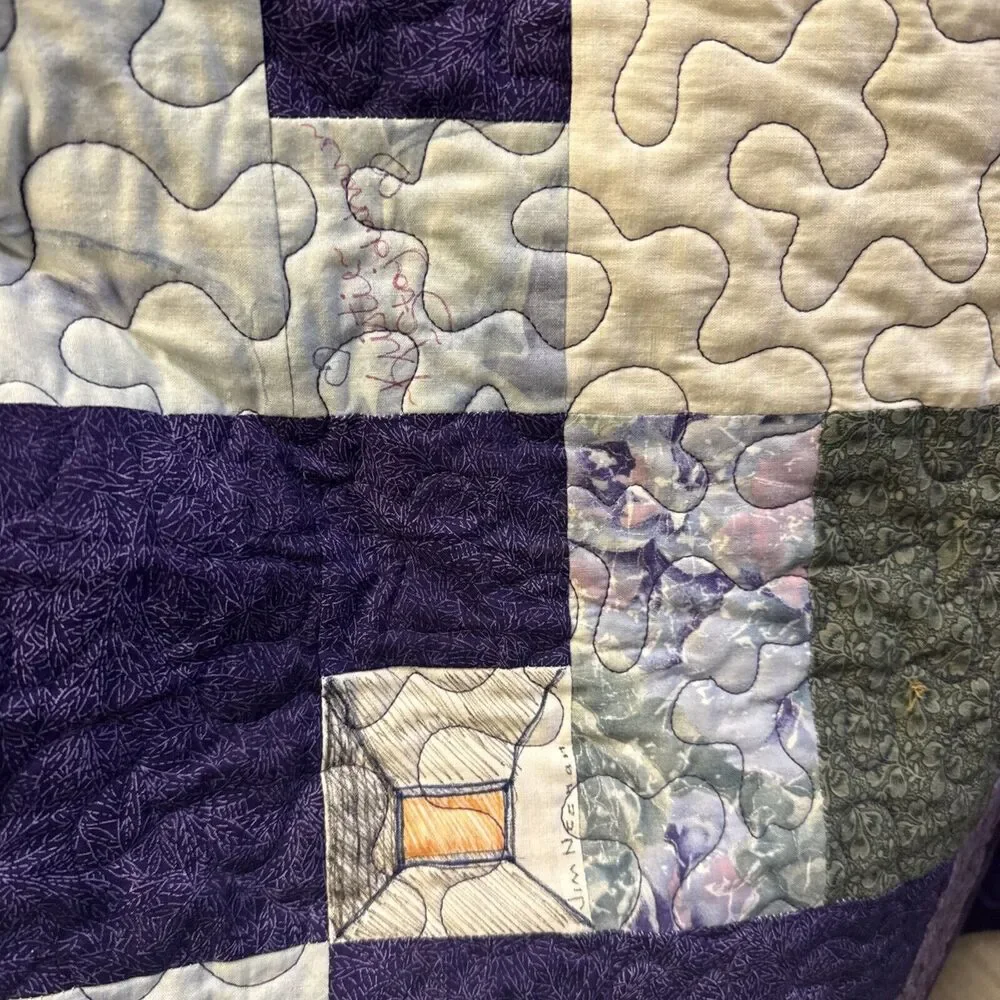 Vtg 2001 Handmade Patchwork Purple Quilt Quilted celebrating Names Poudre 68x45”